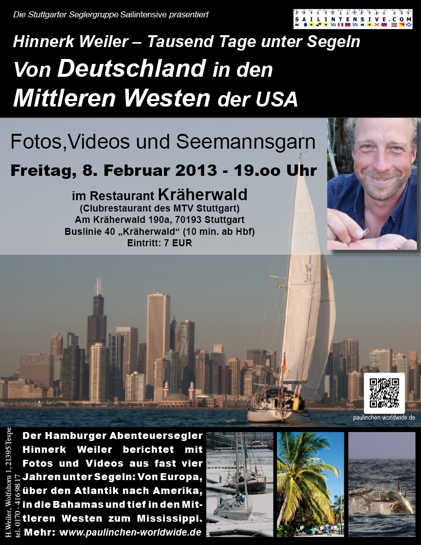 Flyer zum Vortrag mit Sailintensive und Hinnerk Weiler in Stuttgart im Restaurant Kräherwald am 8. Februar 2013